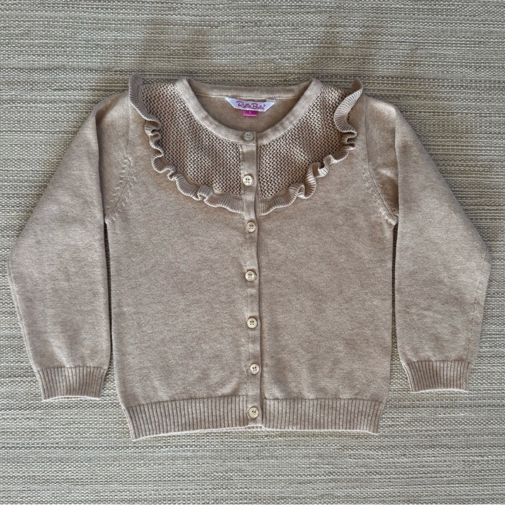 Ruffle Butts beige cotton blend long sleeve ruffle trim cardigan sweater girls 5